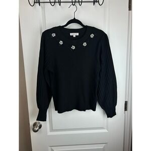 Nanette Nanette Lepore Black Ribbed Knit Embellished Balloon Sleeve Sweater L